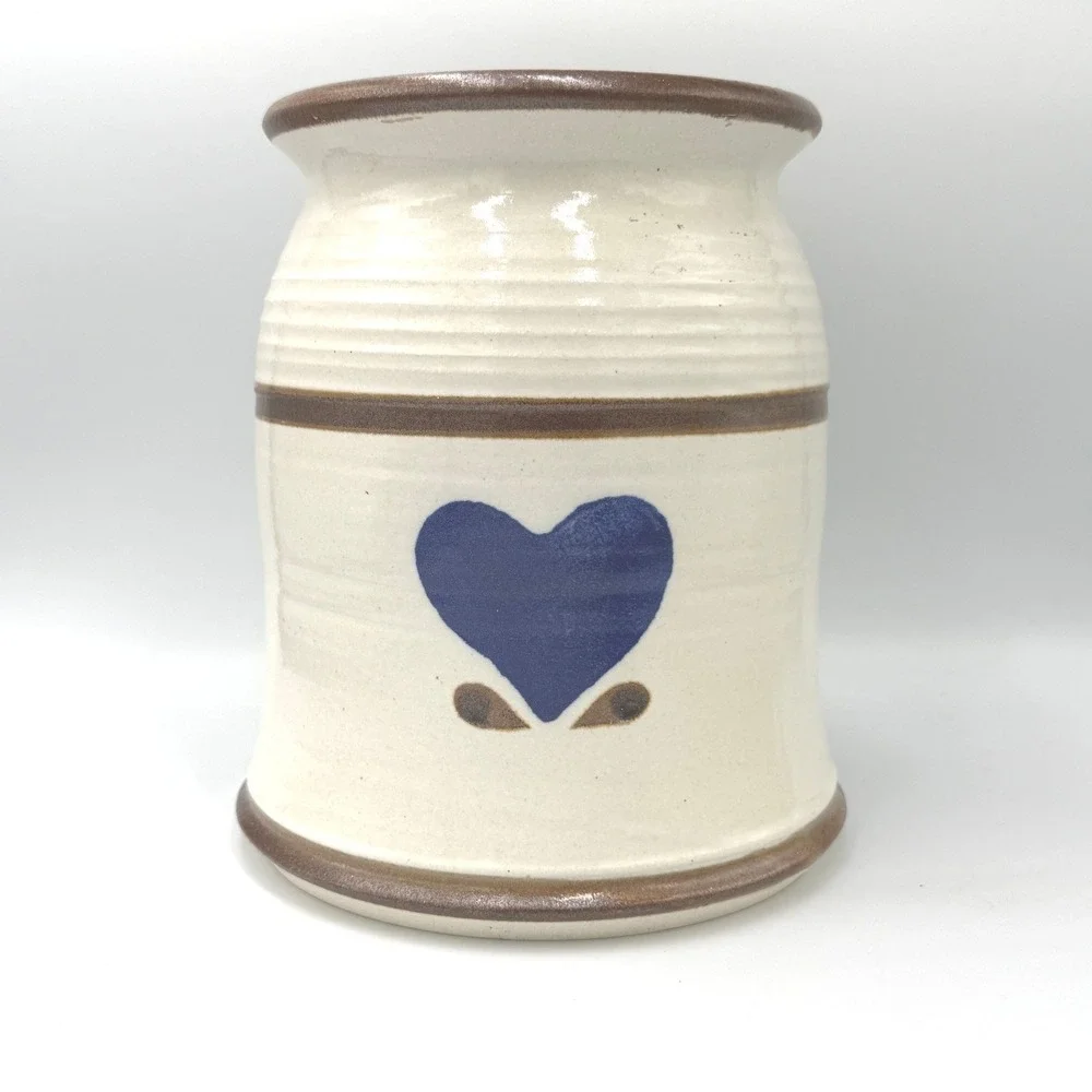 Handmade Stoneware Heart Crock Kitchen Utensil Holder Cream Blue Signed